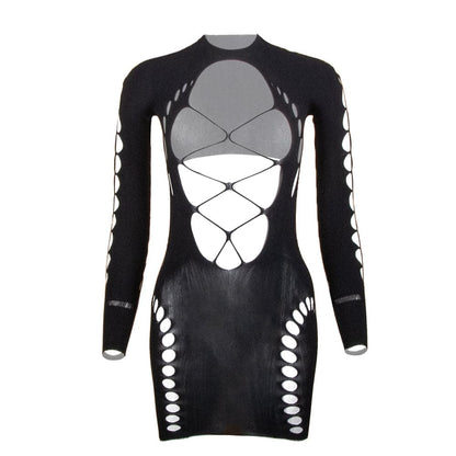 Long sleeve crewneck backless hollow out cut out mini dress  | Festival Outfits Women