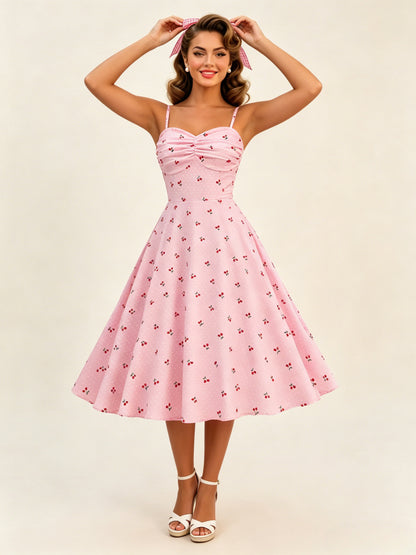 Pink Cherry Print Halter A Line Midi Dress For Women Sweet Summer