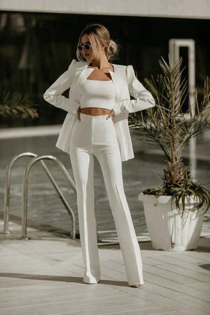 Conjunto de blazer moderno de color liso para mujer con pantalón de cintura alta y bralette | Ideal para cualquier temporada