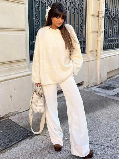 White O Neck Loose Knitted For Women Fashion Long Sleeves Oversize Sweater