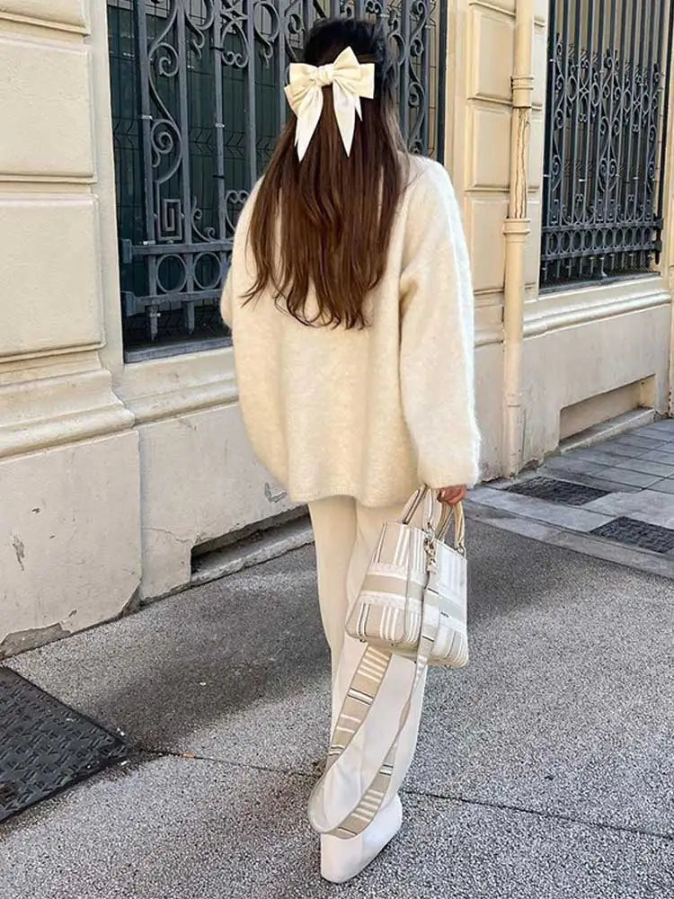 White O Neck Loose Knitted For Women Fashion Long Sleeves Oversize Sweater