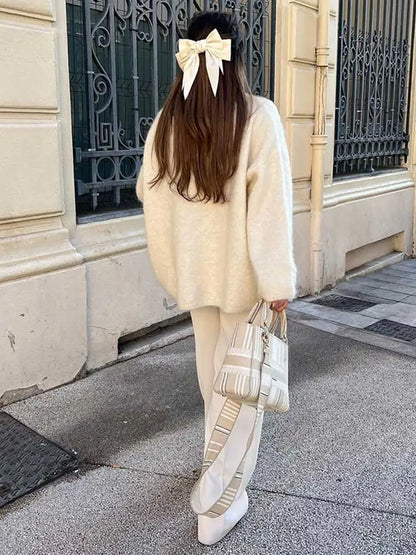 White O Neck Loose Knitted For Women Fashion Long Sleeves Oversize Sweater