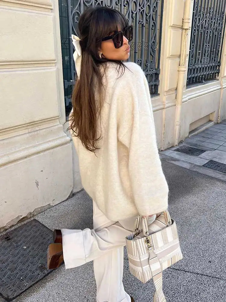 White O Neck Loose Knitted For Women Fashion Long Sleeves Oversize Sweater