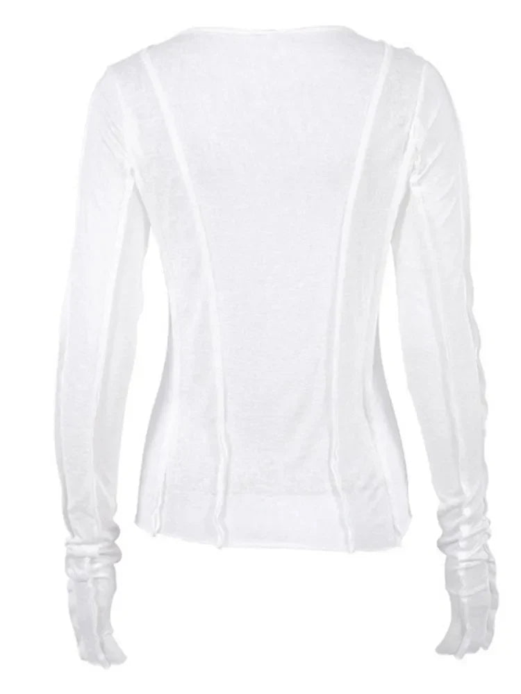 FashionSierra - White O-Neck Yellow Long Sleeve Fall Slim Elastic Solid Crop Tops