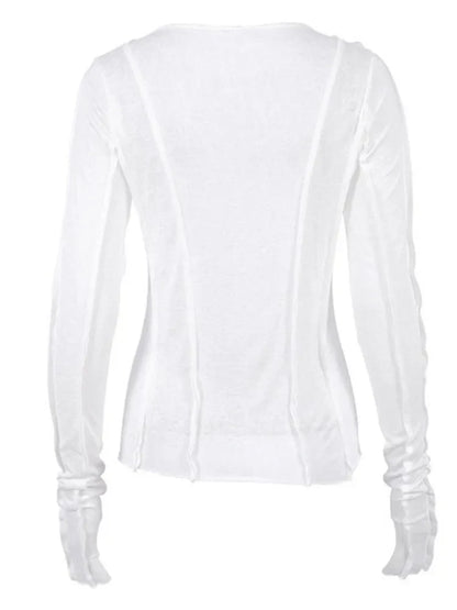 FashionSierra - White O-Neck Yellow Long Sleeve Fall Slim Elastic Solid Crop Tops