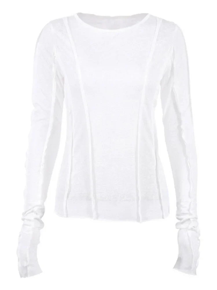 FashionSierra - White O-Neck Yellow Long Sleeve Fall Slim Elastic Solid Crop Tops