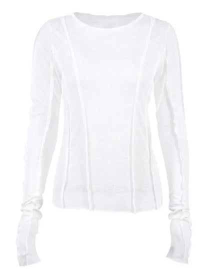 FashionSierra - White O-Neck Yellow Long Sleeve Fall Slim Elastic Solid Crop Tops