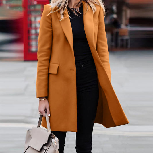 Winter Wool Women Light Weight Thin Jacket Slim Long Sleeve Office Business Wrap Coat