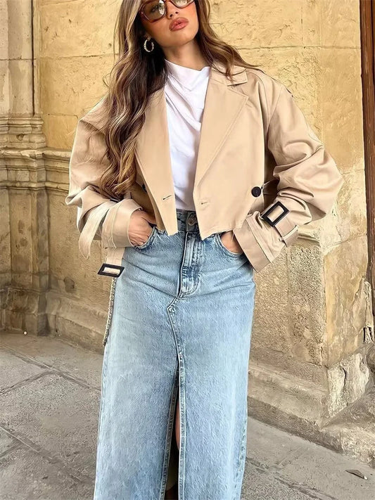 Khaki Loose Short Trench Coat 2025 Spring Fashion Solid Crop Ladies High Street Oversized Outwear Jacket