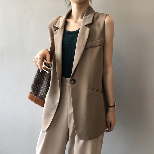 Women's Modern Brown Sleeveless Blazer with Pockets and Button | Ideal for All Seasons
