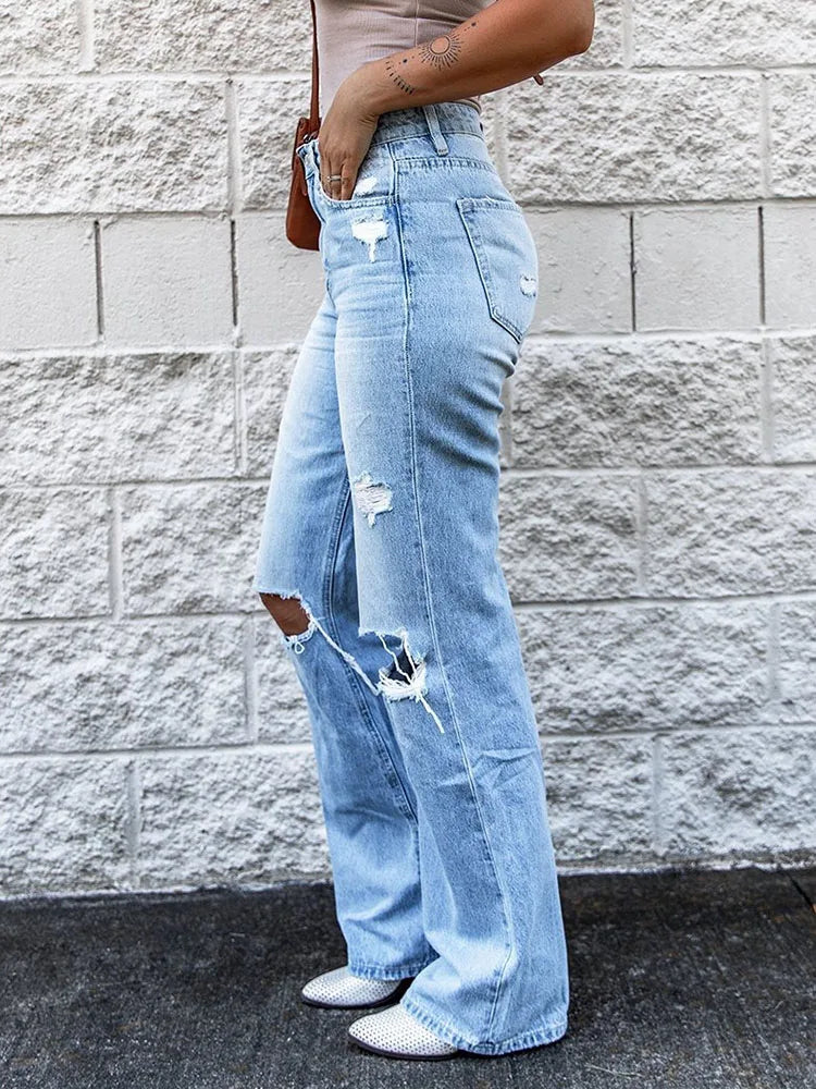 FashionSierra - Women Baggy Ripped Punk Distressed Bell Bottom Trouser