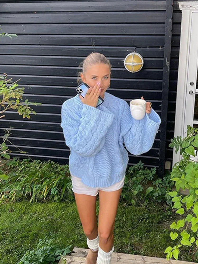 Women Blue Ribbed Knitted Loose Jumper Tops Fashion O Neck Long Sleeve Sweater