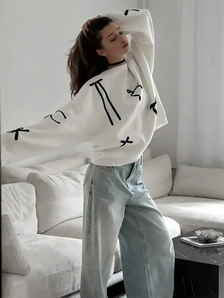 Women Bows Printed White Knitted Loose Pullover Fashion O Neck Long Sleeve Oversized Sweater