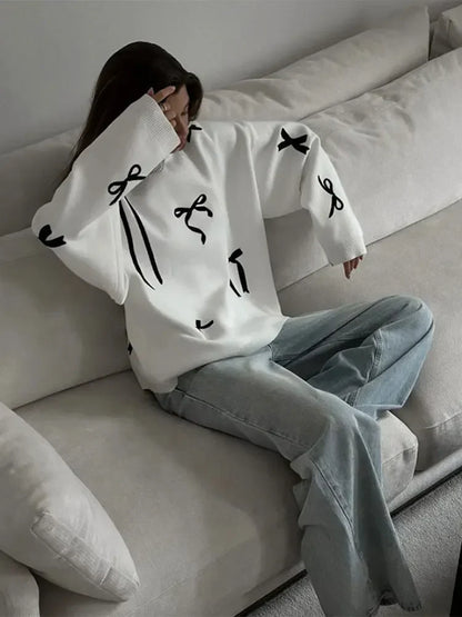 Women Bows Printed White Knitted Loose Pullover Fashion O Neck Long Sleeve Oversized Sweater