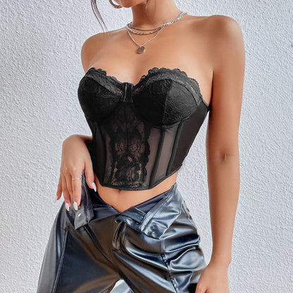 Women Tube Embroidery Flower See Through Punk Party Slim Fit Club Cami Top