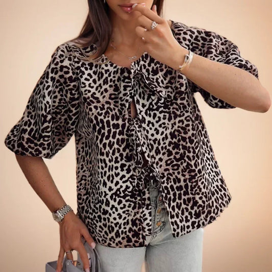 Women's Leopard Fashion Summer V-neck Cardigan Lace-up Animal Print Short-sleeved 2025 Female Shirt Blouse