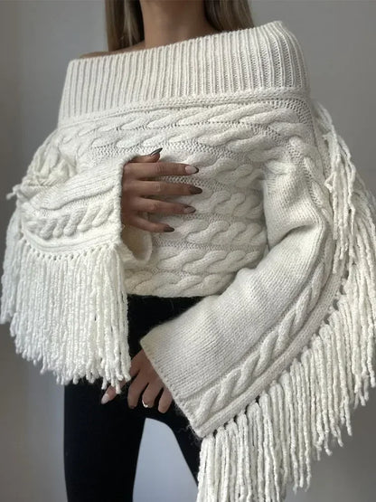 Women Chic Off Shoulder Tassel Pullover Sexy Slash Neck Long Sleeve Sweater