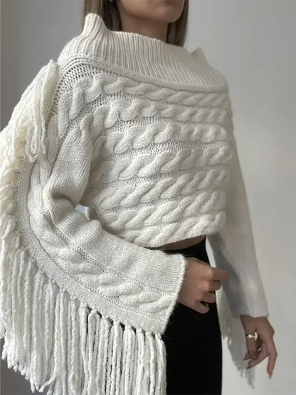 Women Chic Off Shoulder Tassel Pullover Sexy Slash Neck Long Sleeve Sweater
