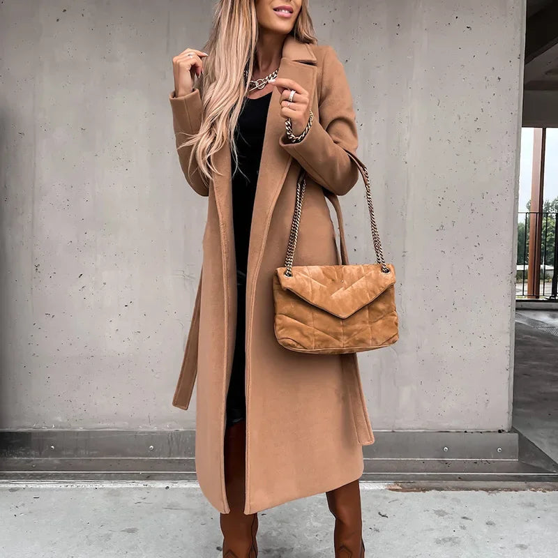 2025 Seeve Waist Outerwear Tolid Long Slurn Down Collar Coat
