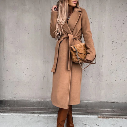 2025 Seeve Waist Outerwear Tolid Long Slurn Down Collar Coat