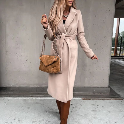 2025 Seeve Waist Outerwear Tolid Long Slurn Down Collar Coat