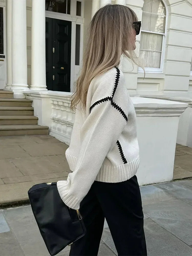 Women Contrasting Knitted Elegant O Neck Long Sleeve Loose Sweater