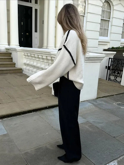 Women Contrasting Knitted Elegant O Neck Long Sleeve Loose Sweater