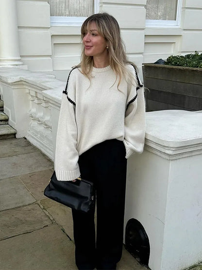 Women Contrasting Knitted Elegant O Neck Long Sleeve Loose Sweater