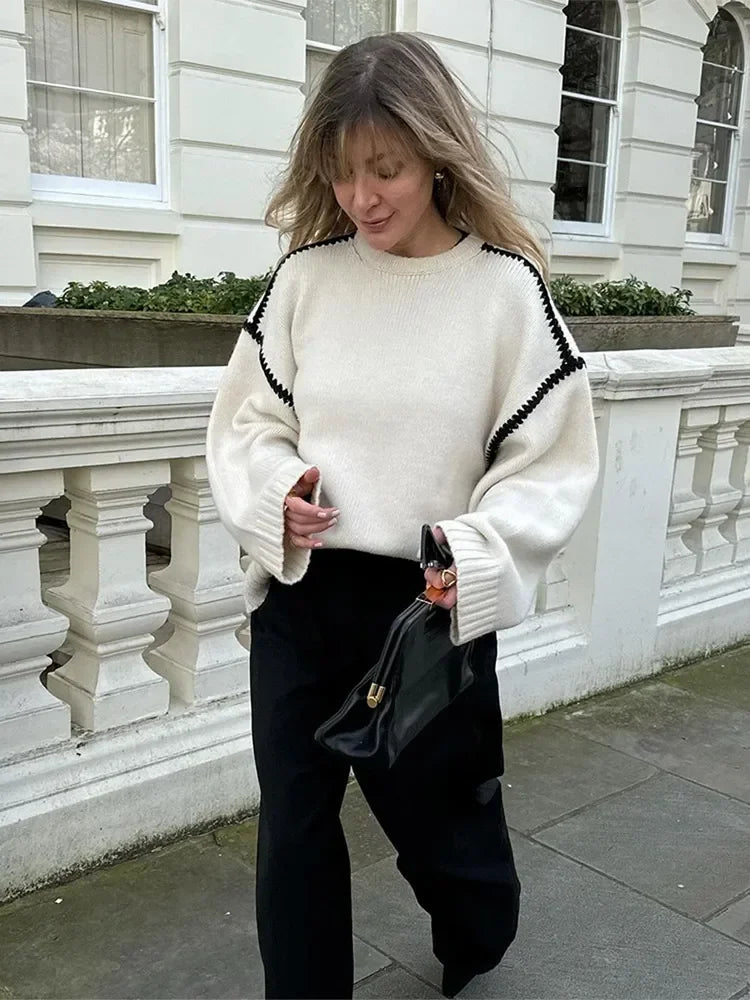 Women Contrasting Knitted Elegant O Neck Long Sleeve Loose Sweater
