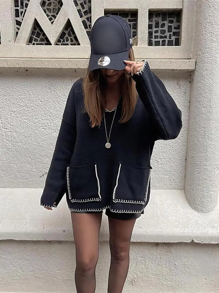 Women Edge Contrast V-neck Loose Knitted Long Sleeve Patchwork Sweater