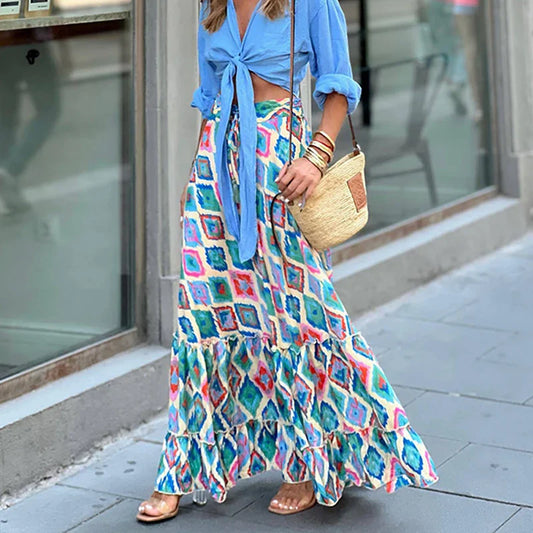 DressBetty - Elegant High Waist Vintage Patterned Print Boho Long Maxi Skirt