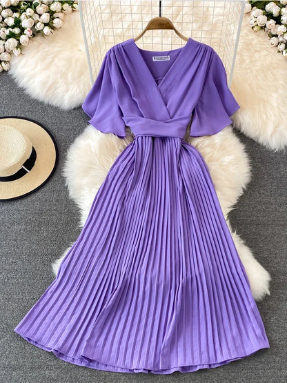 Women Elegant Pleated Dress Summer Short Sleeve V-neck Vintage Dresses Ladies A Line High Waisted Midi Dress