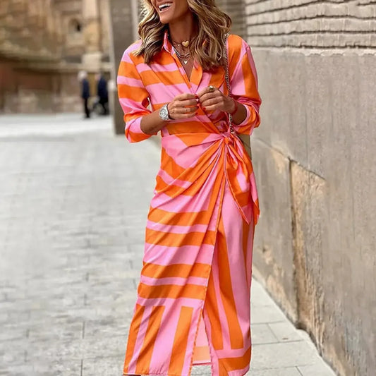 Shirt Fashion Printed Button Ruched Bandage Long Women's Solid V Neck Beach Casual Boho Dress
