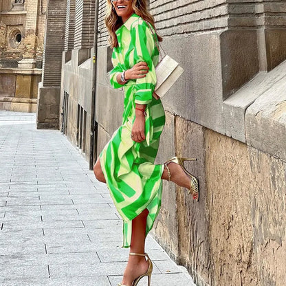 Shirt Fashion Printed Button Ruched Bandage Long Women's Solid V Neck Beach Casual Boho Dress