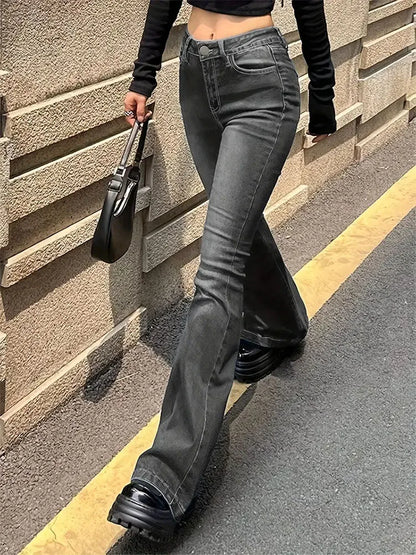 FashionSierra - Women Flare Stretch Moustache Skinny Bell High Gray Classic Punk Long Trouser