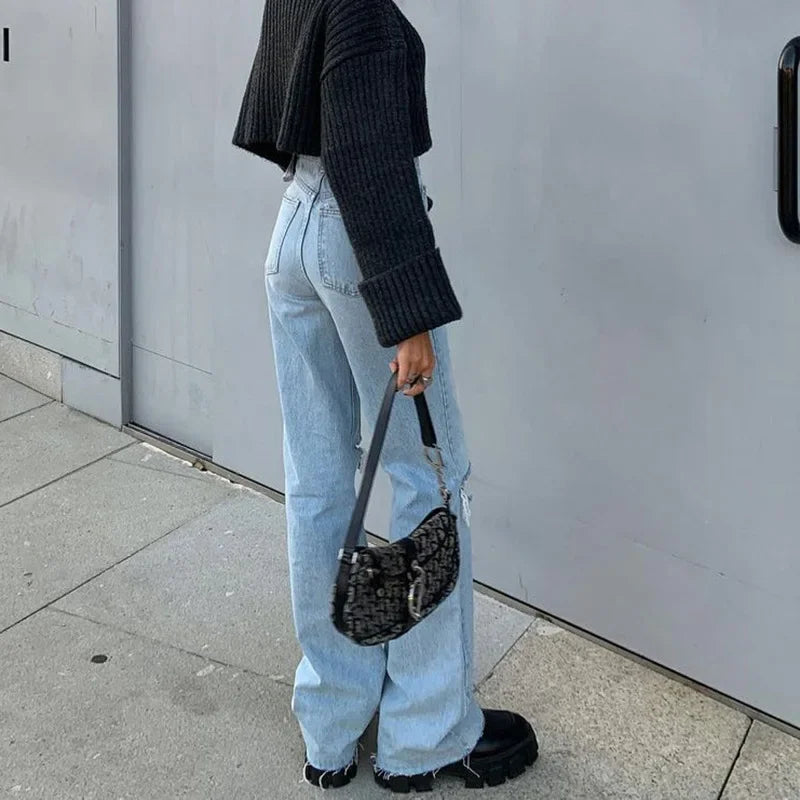 FashionSierra - Women Flare Stretch Ripped Fashion Bell High Gray Hole Trouser