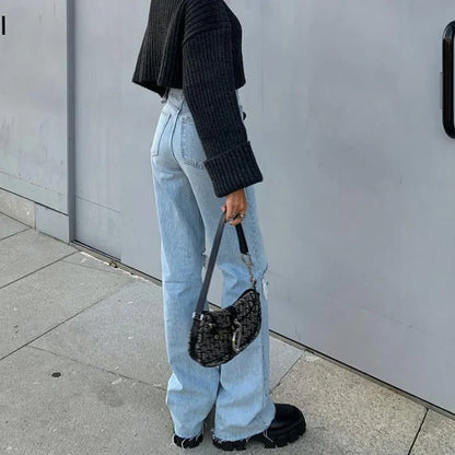 FashionSierra - Women Flare Stretch Ripped Fashion Bell High Gray Hole Trouser