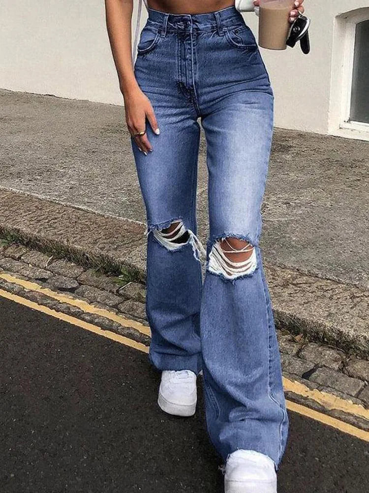 FashionSierra - Women Flare Stretch Ripped Fashion Bell High Gray Hole Trouser