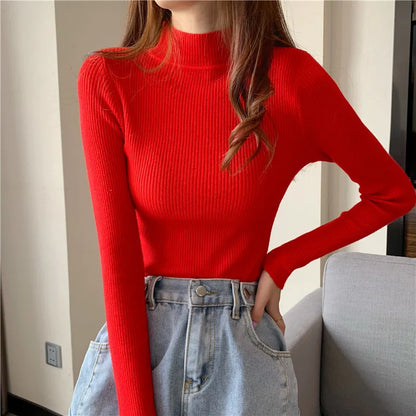 FashionSierra - Half Turtleneck Full Sleeve Short Slim-fit Chic Sweater