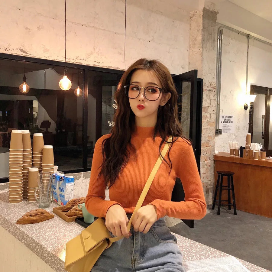 FashionSierra - Half Turtleneck Full Sleeve Short Slim-fit Chic Sweater