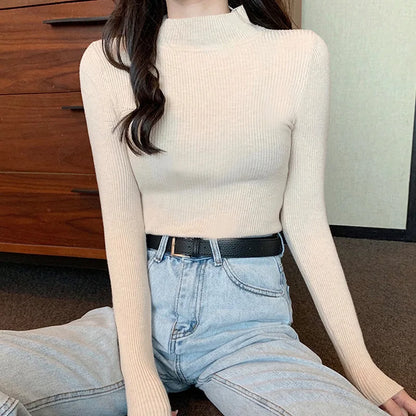 FashionSierra - Half Turtleneck Full Sleeve Short Slim-fit Chic Sweater