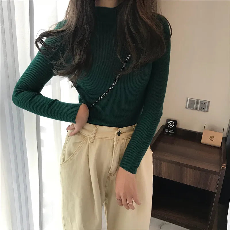 FashionSierra - Half Turtleneck Full Sleeve Short Slim-fit Chic Sweater