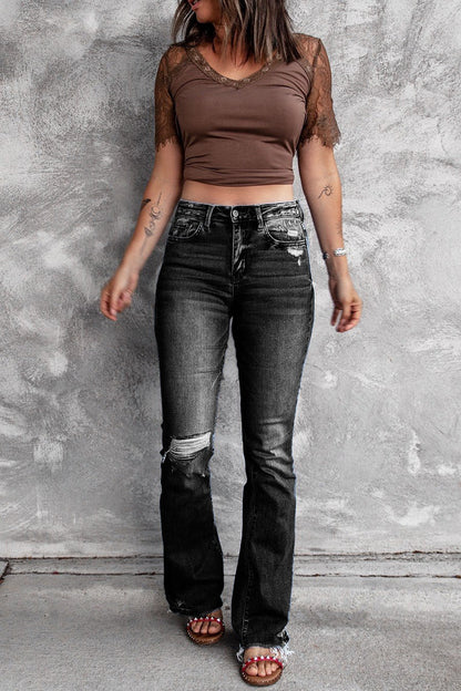 DressBetty - Holes Ripped Tassel Flare Jeans High Waist Denim Ladies Vintage Stretch Slim Jeans