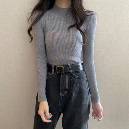 DressBetty - Knitted Half Turtleneck Full Sleeve Basic Tops
