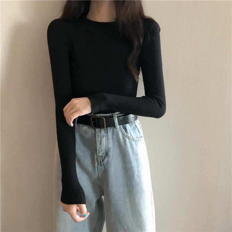 DressBetty - Knitted Half Turtleneck Full Sleeve Basic Tops