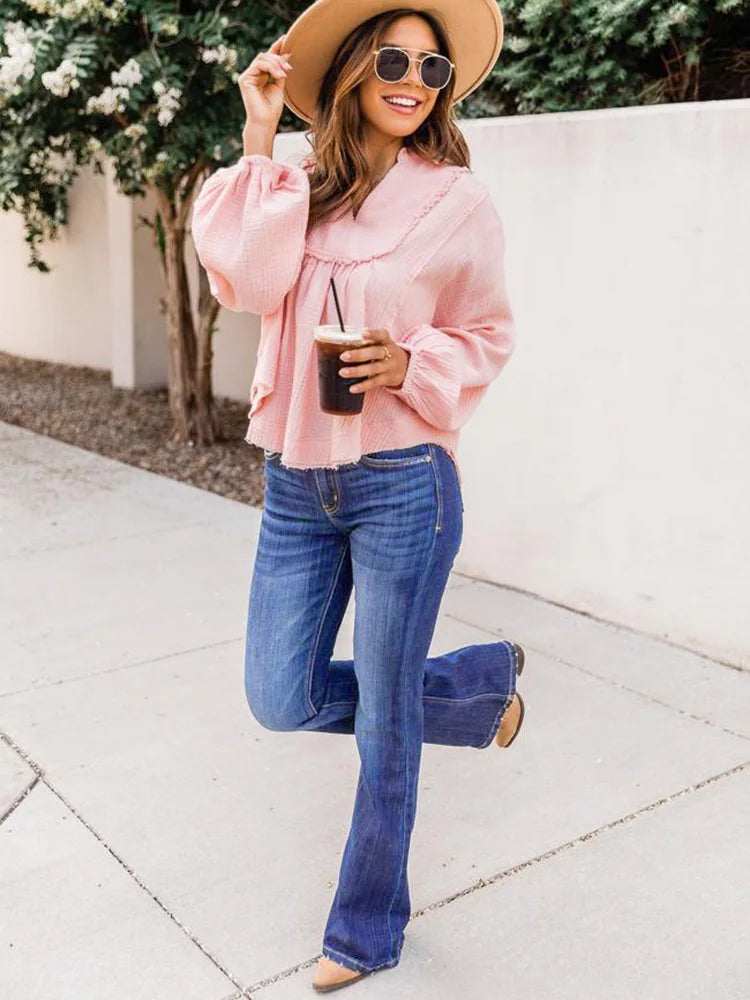 FashionSierra - Women Flare Bell Punk Distressed Classic Mom Casual Trouser