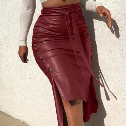 PU Leather Lace-up Slim Pencil Skirt