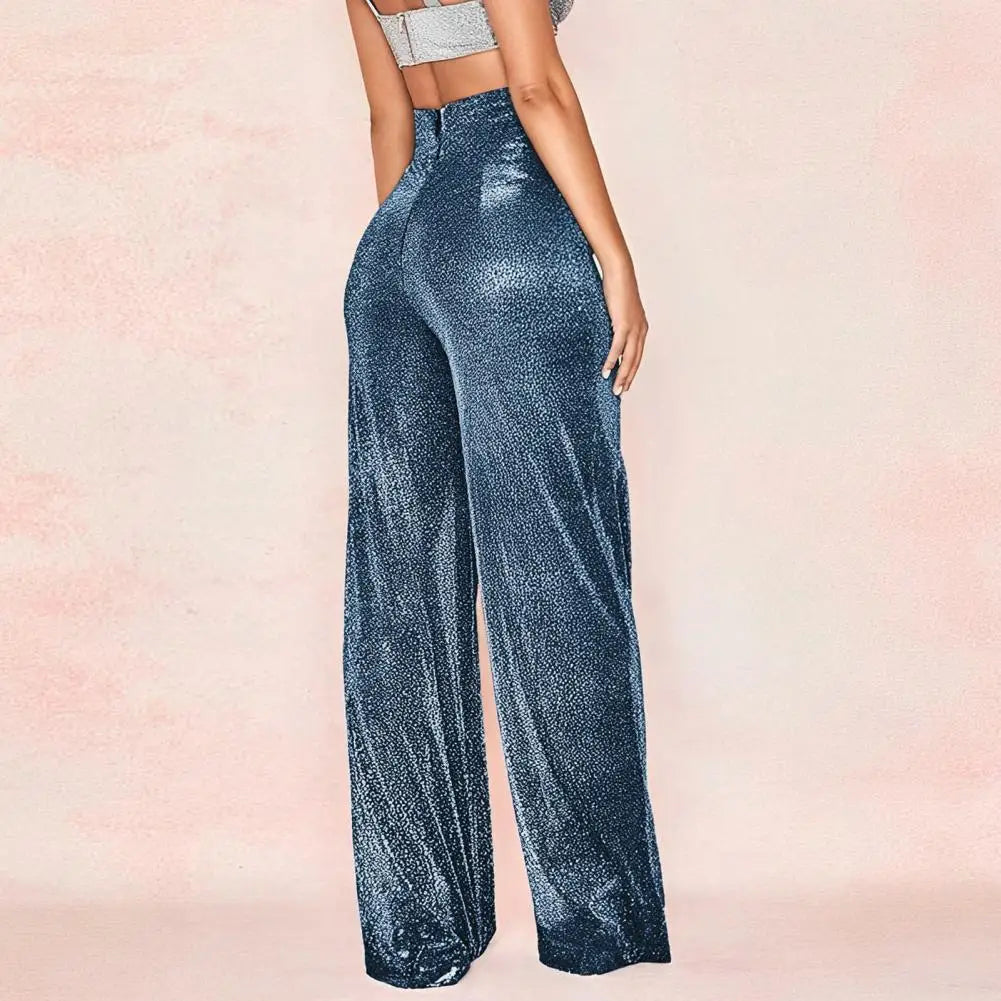 FashionSierra - Waist Elastic Waistband Straight Full Length Club Night Sequins Loose Wide Leg Female Trouser