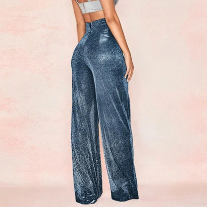 FashionSierra - Waist Elastic Waistband Straight Full Length Club Night Sequins Loose Wide Leg Female Trouser