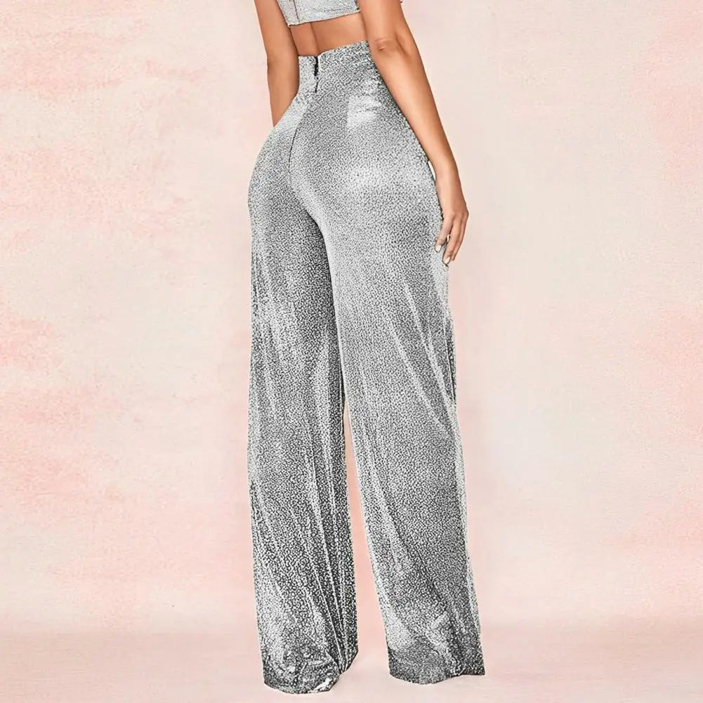 FashionSierra - Waist Elastic Waistband Straight Full Length Club Night Sequins Loose Wide Leg Female Trouser